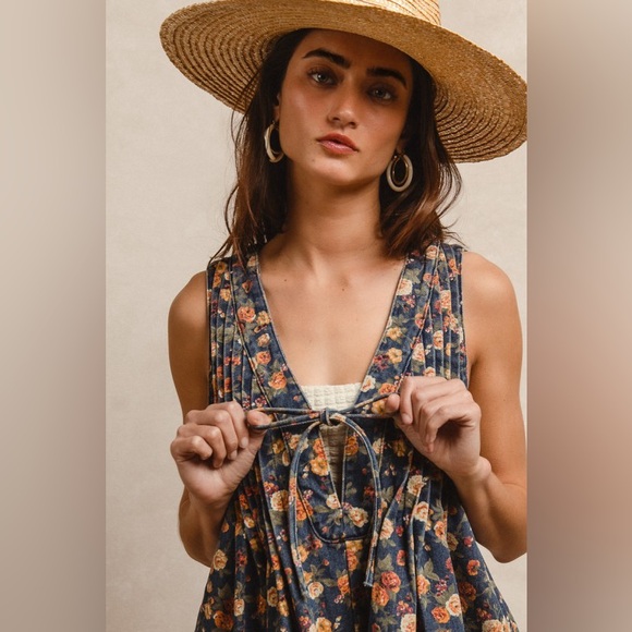 BiBi Washed Floral Denim Romper with Front Tie - Picture 3 of 3